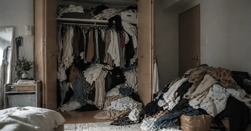 服が多すぎてクローゼットから服が溢れ出し、部屋の隅に服が山積みになっている様子。