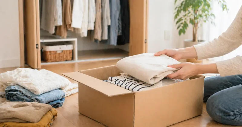 女性の手が丁寧に服をたたんで、床にあるシンプルな茶色の段ボール箱に詰めている手元のアップ写真。