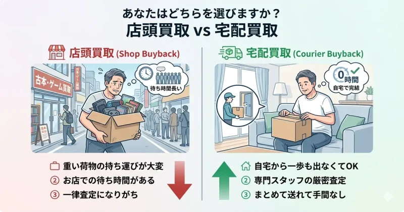 古いゲーム 本 DVD 店頭買取vs宅配買取の比較図