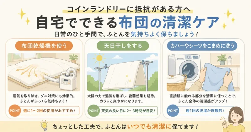 布団乾燥機・天日干し・カバー洗濯で清潔に保つ方法を示したイラスト