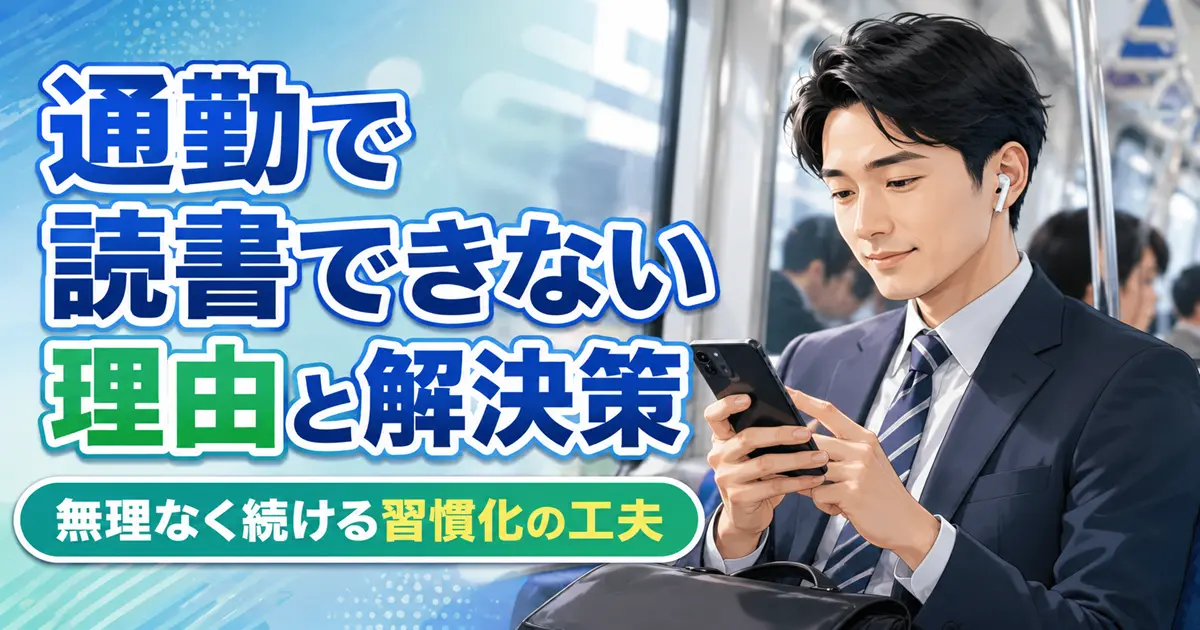 電車内でイヤホンを使い、スマホで「聴く読書」を楽しむビジネスパーソンのイラスト。通勤読書を無理なく習慣化するための工夫を提案するイメージ。
