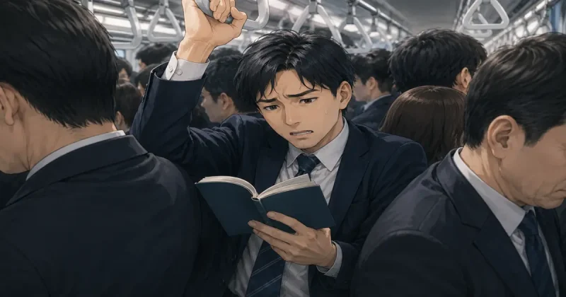 通勤電車の混雑の中で、片手でつり革を持ちながら窮屈そうに本を開こうと苦労するビジネスパーソンのイラスト