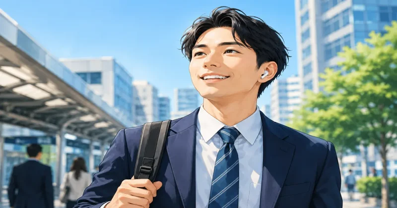 ワイヤレスイヤホンでオーディオブックを聴きながら、晴れやかな表情で通勤時間を有効活用するビジネスパーソン