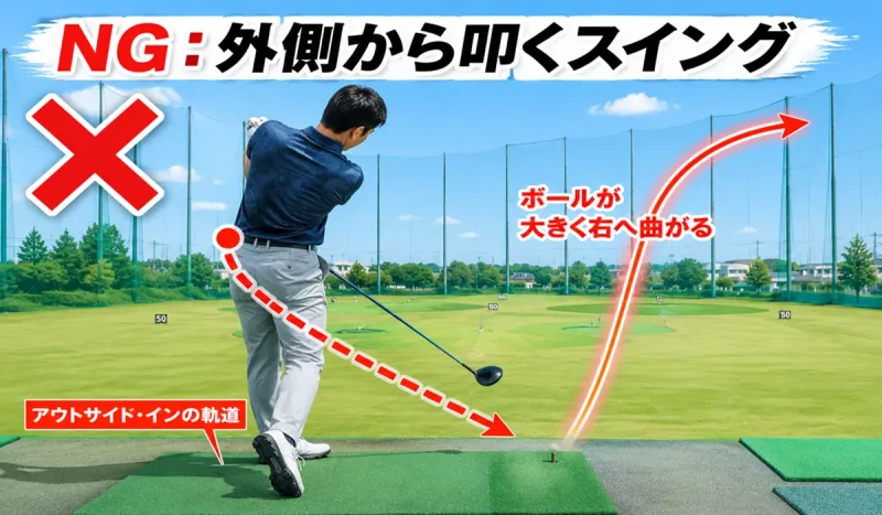 ゴルフのスライスが直らない原因であるアウトサイドインのスイング軌道のイメージ図