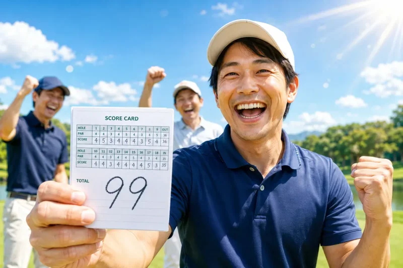 ゴルフコンペでスライスを克服し、悲願の100切りを達成して喜ぶゴルファーのイメージ