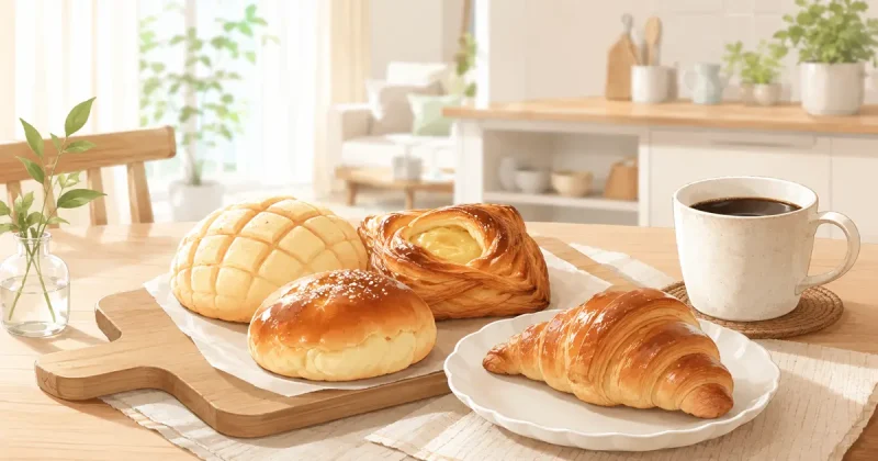 朝の明るいリビングのテーブルに並べられた、メロンパンやクロワッサンとおしゃれなマグカップの朝食イメージイラスト。