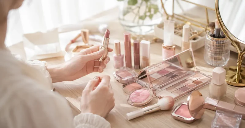 ドレッサーの上で多くの化粧品を前に捨てるかどうか迷っている女性の手元
