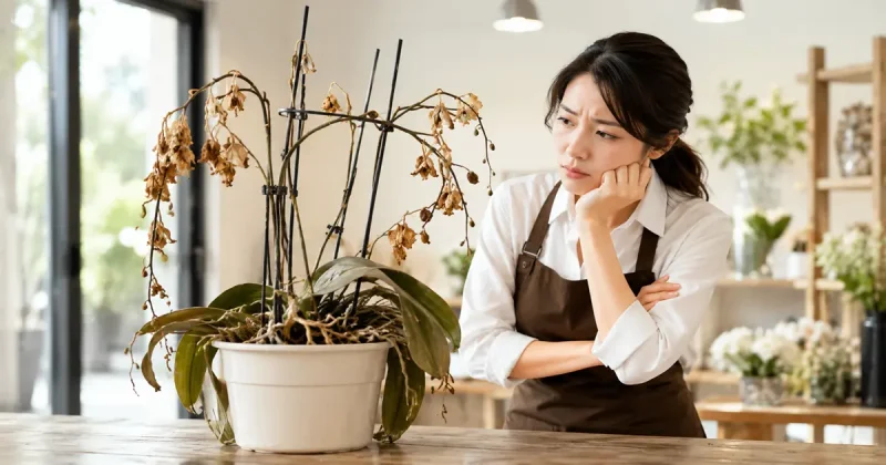 枯れた胡蝶蘭の鉢植えと、分別や処分方法に頭を悩ませて困っている店舗オーナーのイラスト