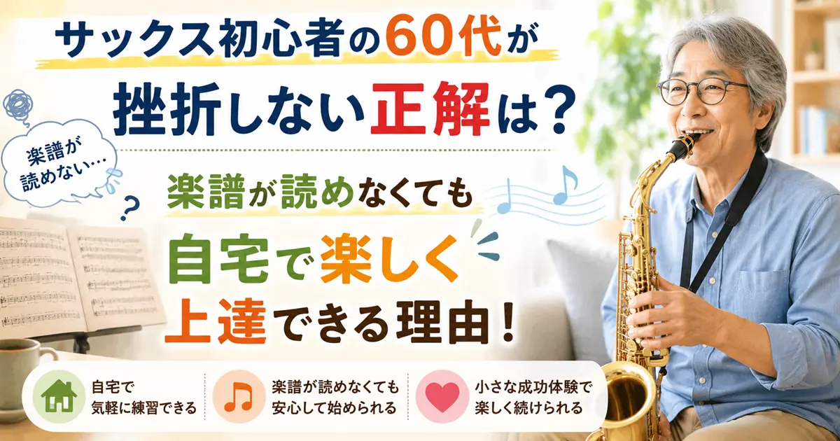 60代の男性が自宅で楽しそうにサックスを練習している様子。楽譜が読めない初心者でも挫折せずに上達できる理由を解説したブログ記事のアイキャッチ画像。