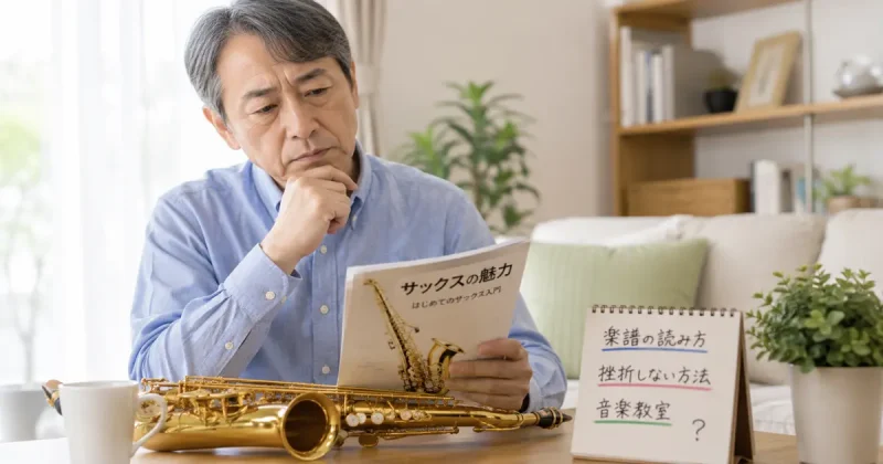 サックスを始めるか悩む60代のシニアが自宅で教本を前に考え込んでいる様子