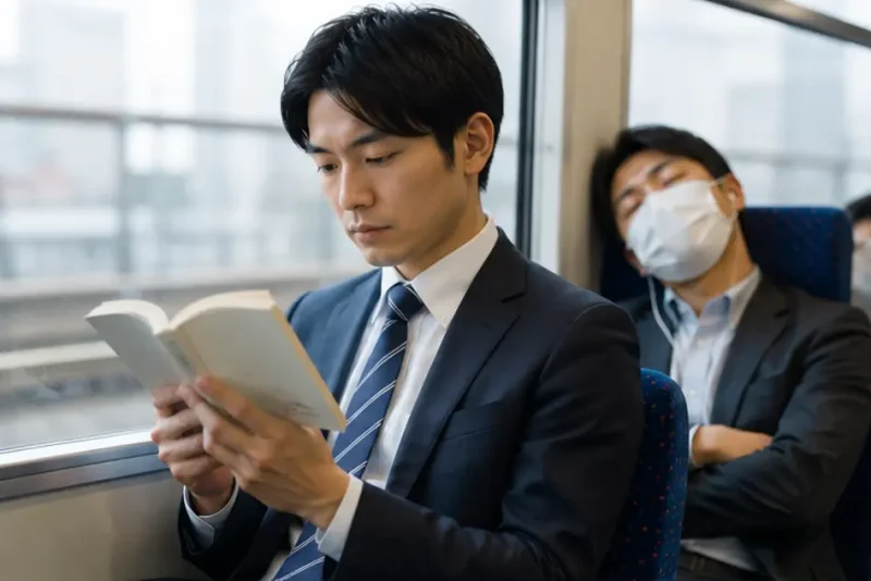 電車で読書する人と眠る人の比較イメージ