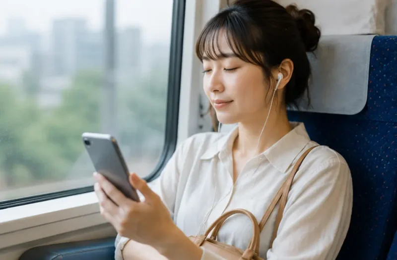 電車でイヤホンを使いオーディオブックを聞く人