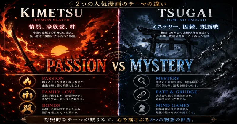 鬼滅の刃と黄泉のツガイのパクリ疑惑を検証する、情愛とミステリーの本質的な違いの比較表